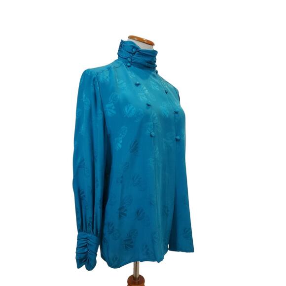 The Silk Farm Vintage Blue Embossed High Neck 1970s Elegant Blouse Size 8 - Picture 9 of 16